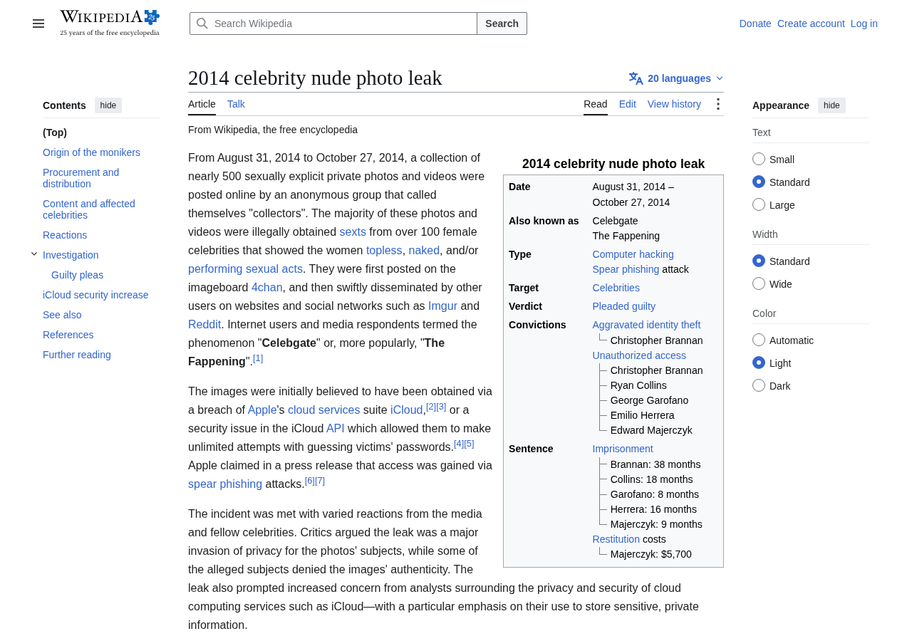 Wikipedia article on the 2014 iCloud photo leak